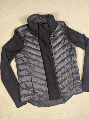 Athleta Goose Down Puffer Jacket Womens Medium Dark Blue Wool Blend Knit Sleeves - Image 1 of 4