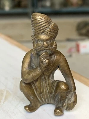 Antique Hand Crafted Brass Decorative Rajasthani Man Siting Miniature Figurine - Image 1 of 4