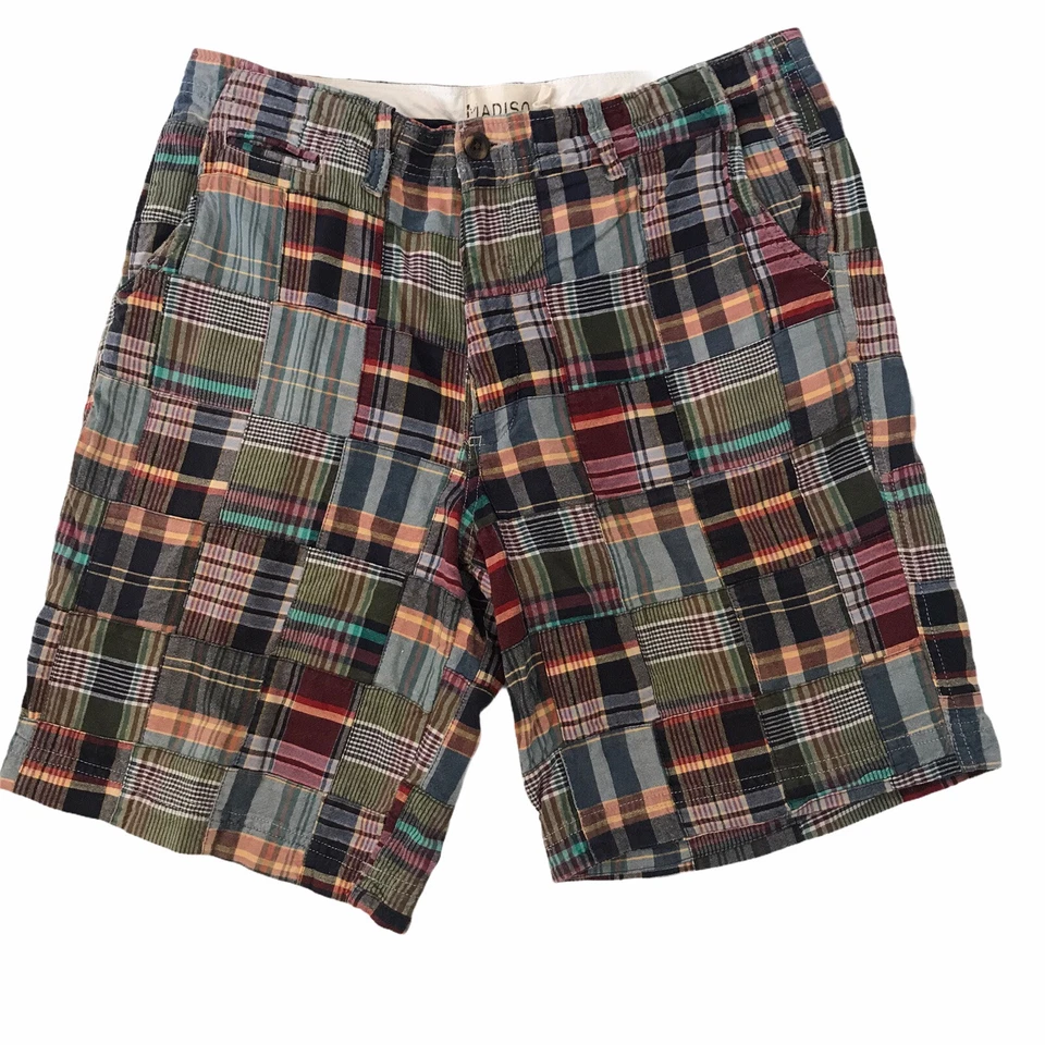 Madison Men's Size 36 Shorts Plaid Patchwork Multicolor Cotton Preppy Beach Flat - Image 1 of 4