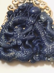 Antique Chinese Carved Deragon Lapiz With Diamond In 14k Gold  Frame Pendent