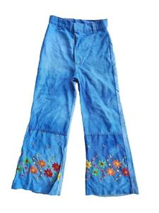 Vintage Girls Bell Bottom Jeans NO SIZE READ Embroidered Floral 70s Blue Denim - Picture 1 of 12