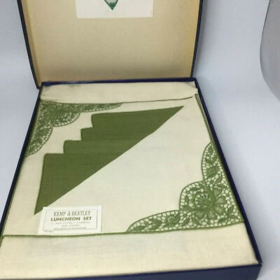 Kemp & Beatle Luncheon Tablecloth 52" x 52"  Napkins Linen Ivory Green Lace - Image 1 of 4