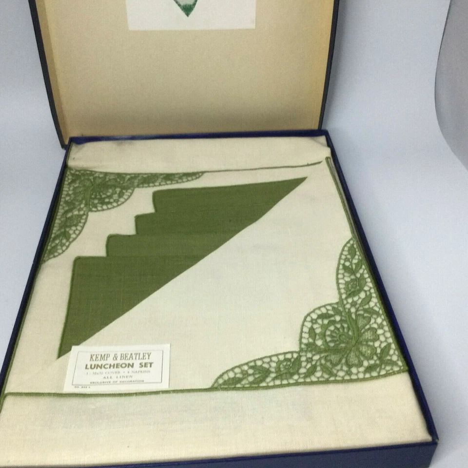 Kemp & Beatle Luncheon Tablecloth 52" x 52"  Napkins Linen Ivory Green Lace - Image 1 of 4