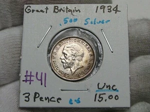 UNC 1934 .500 Silver Threepence Great Britain.  #41 - Picture 1 of 4