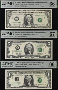 2003 $2 PMG 67EPQ 1988A & 2003A $1 66EPQ - 3 Matching Low Serial Number 00006568 - Picture 1 of 7