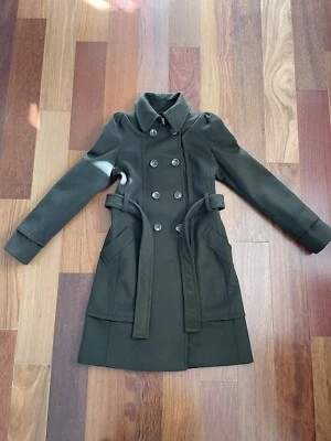 BCBG MAXAZRIA Olive Wool Blend Double-Breasted Belted Lined Mid-Length Coat XS - Image 1 of 4