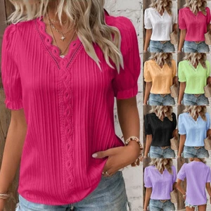 Women V Neck Summer Ladies T-Shirt Blouse Short Sleeve Lace Party Tops Plus Size - Picture 1 of 22