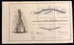 National Monument to Forefathers Certificate- RARE signed by architect Billings - Picture 1 of 7