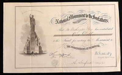 National Monument to Forefathers Certificate- RARE signed by architect Billings - Image 1 of 4