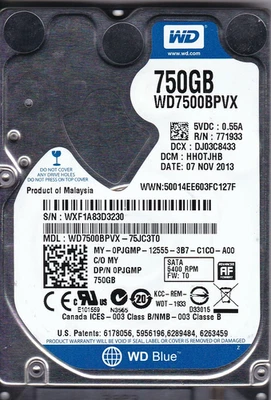 WD7500BPVX-75JC3T0 dcm: HH0TJHB sn: WXF1A8 NOV 2013 750GB 2.5" WESTERN DIGITAL - Image 1 of 3