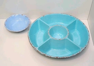 Tommy Bahama Melamine Turquoise Rustic Crackle Chip & Dip Bowl with BONUS BOWL! - Image 1 of 2