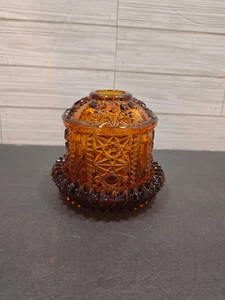 Vintage Indiana Glas Bernstein "Sterne und Bars" "Diamond Point" Feenlampe - Bild 1 von 6