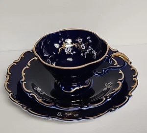 Lindner Kueps Bavaria Echt Cobalt and Gold Daniela Tea Cup Saucer Trio - Picture 1 of 19