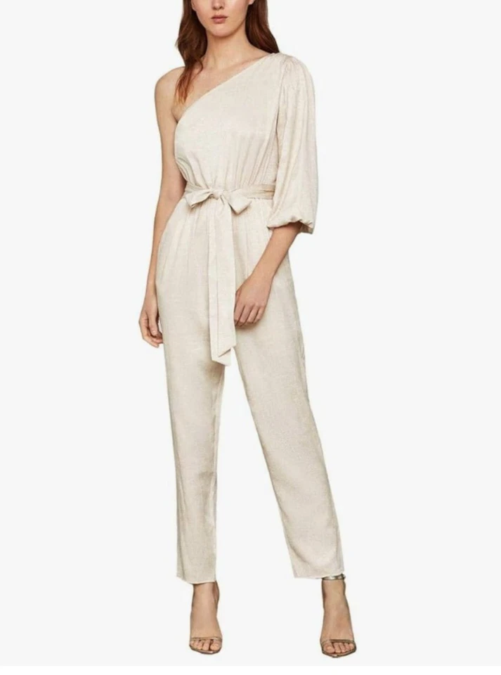 NUEVO BCBGMaxazria Mujer Mono Mediano Beige Metálico Un Hombro Manga Abullonada Foto 1 de 4