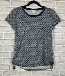 Liz Claiborne Top Womens Sz Blue Beige Print Cinch Sides Pullover Short Sleeves - Picture 1 of 6