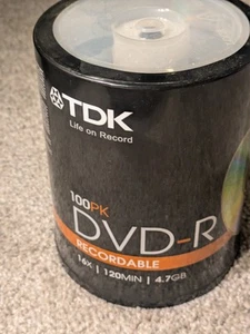 New Sealed TDK DVD-R 16x 120min 4.7 GB Recordable Discs Disks 100 Pack Spindle - Picture 1 of 8