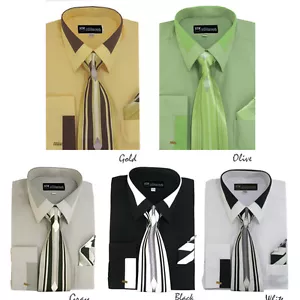 Men's unique design dress shirt Accent Collar and french Cuffs with tie&hanky 34 - Picture 1 of 10