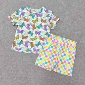Sommer Baby Mädchen Geschwister Blumen Kurzarm Oberteil passende Shorts Spielset - Bild 1 von 5