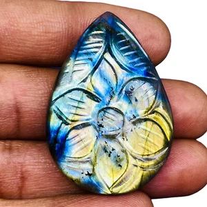 69.70 Cts Natural Carved Labradorit​e 41x28mm Pear Flashy Pendant Size Gemstone - Picture 1 of 9