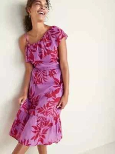 Old Navy Purple Tropical Print Hibiscus Ruffle One Shoulder Midi Dress Sz XS NWT - Picture 1 of 12