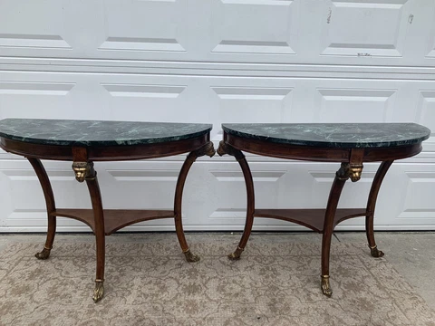 A Pair Of Italian Neoclassical Marble-Top Faux Demilune Console Tables Cover