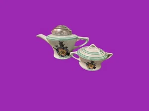 Vtg Farberware Fraunfelter 30s Art Deco Floral Chrome Lid Tea Pot & Sugar Bowl - Picture 1 of 20