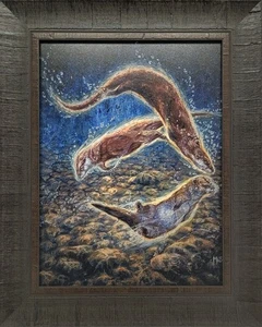 Framed print of painting "Otter Circle" by John McFaul. Frolicking underwater. - Picture 1 of 11