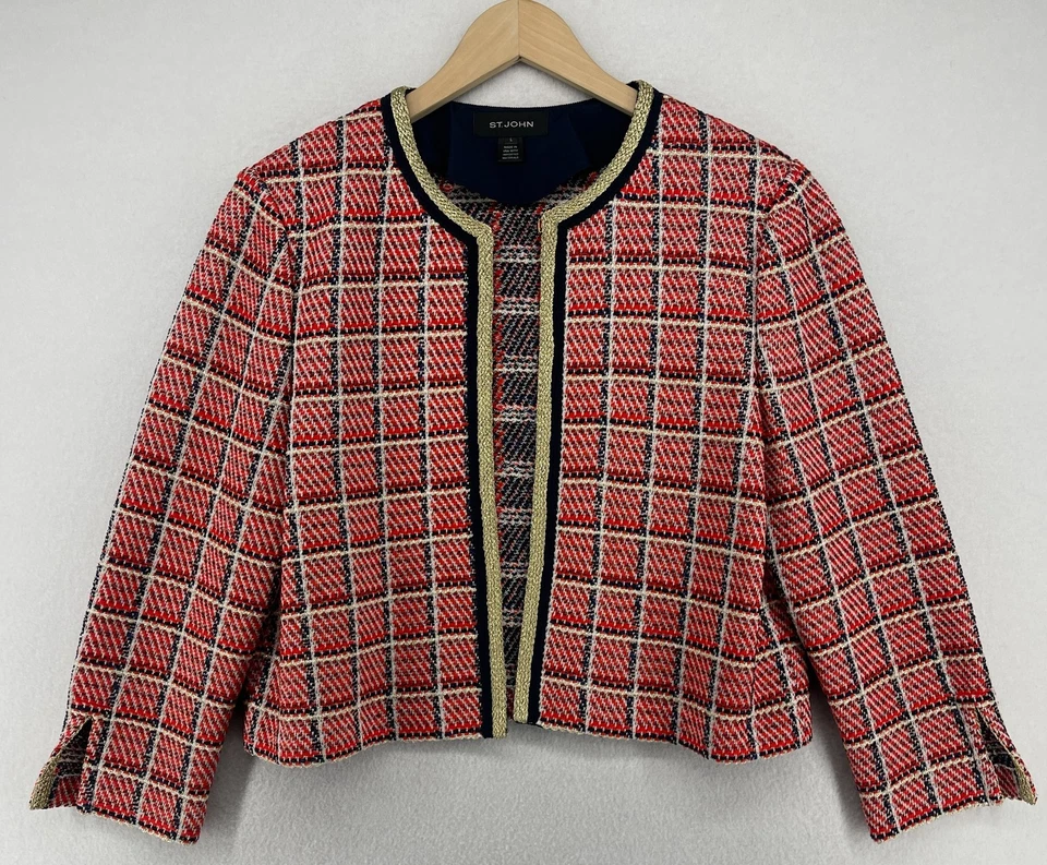 Chaqueta ST JOHN para mujer L texturizada a cuadros frente abierto mezcla de lana roja EE. UU. Foto 1 de 4