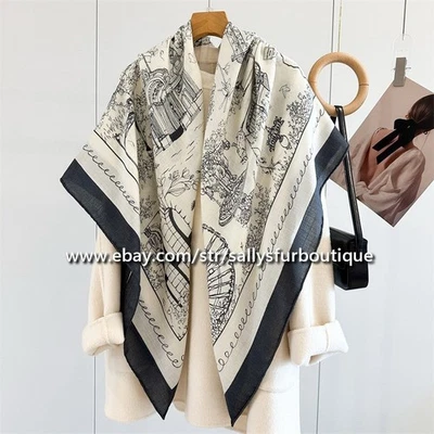 Sallys 70% Cashmere 30% Silk Wrap Scarf Paris Print Double Face Shawl Stole 53" - Image 1 of 4