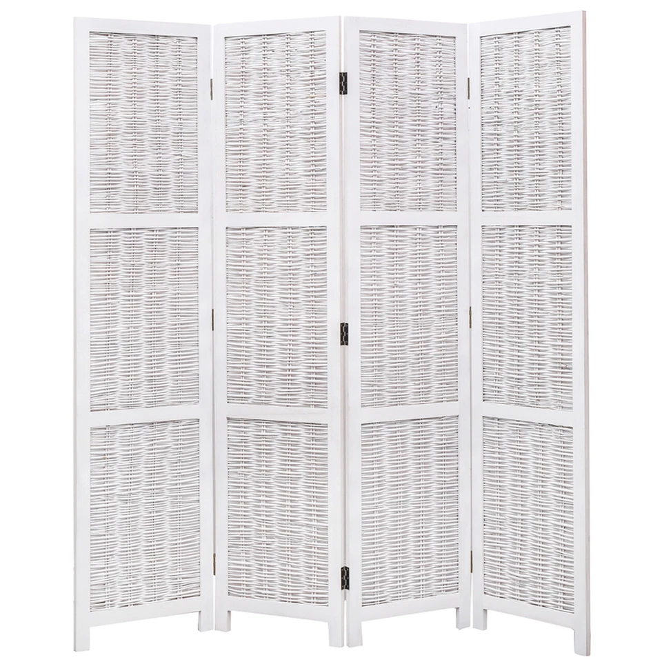 3 or 4 Panel Wicker & Wood Screen Room Divider with Weave Design Brown & White - Image 1 of 1