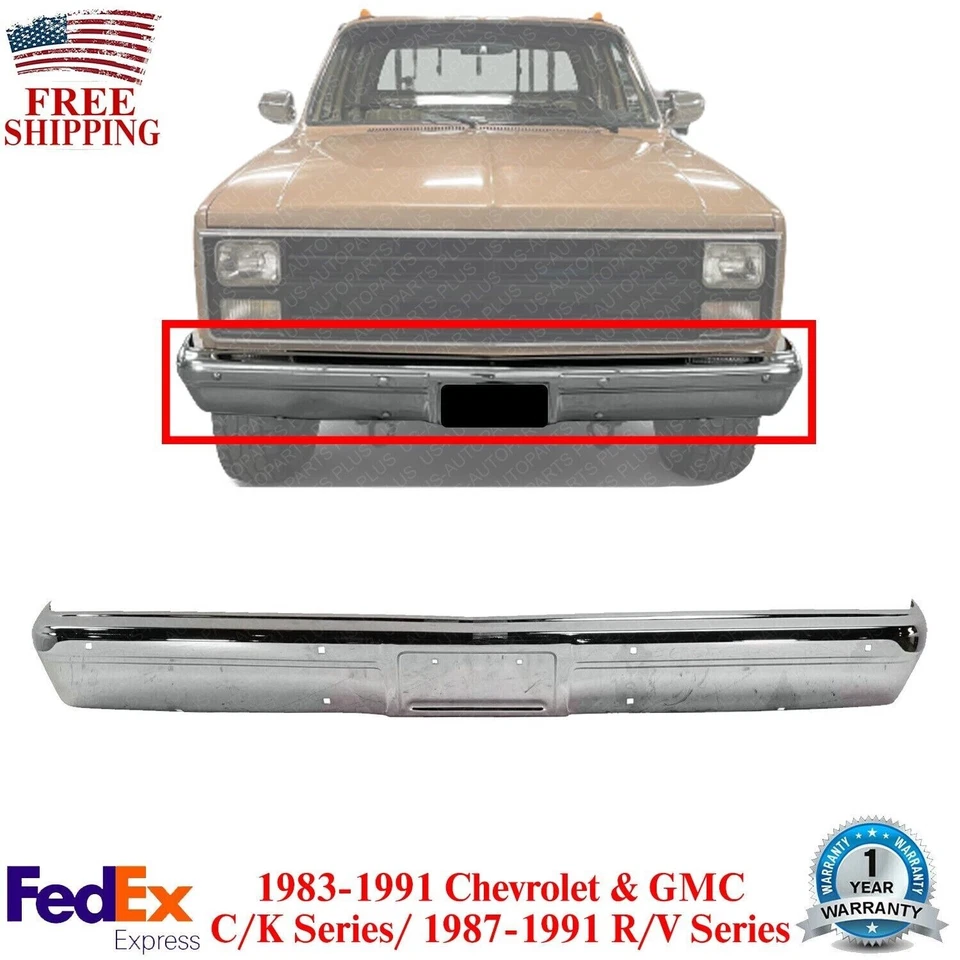 Para-choque dianteiro cromado sem furos de tira de impacto para 1983-1991 Chevy & GMC série C/K - Imagem 1 de 4