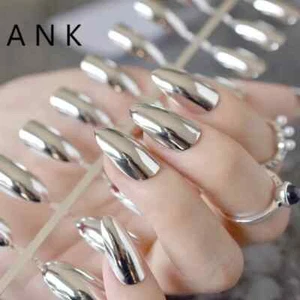 False FAKE Mirror Silver Nails STILETTO Point Metallic Acrylic Tips sticker glu - Picture 1 of 3