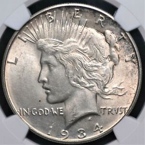 1934 D PEACE DOLLAR NGC MS 61 NICE EVEN FOGGY WHITE WITH A BIT OF CRUST ON THE 