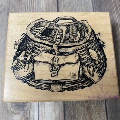 PSX Rubber Stamp Wood Mount G-1654 Fishing Basket Wicker Tackle Box Hooks Lures - Image 1 of 4