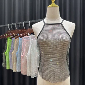 Women Crystal Net Mesh Vest Camisole Tank Top Glitter Shiny Patry Clubwear - Picture 1 of 22