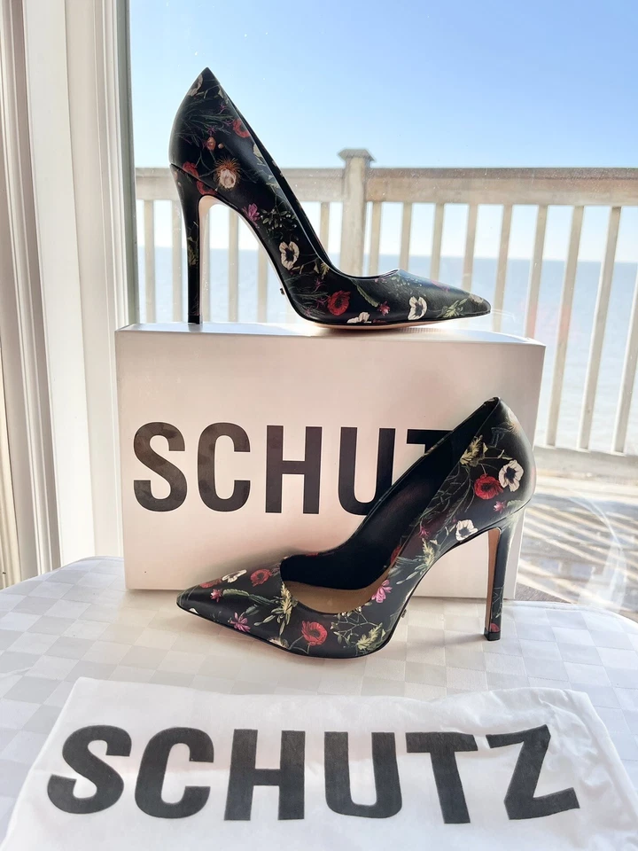 Schutz Gilberta Black Red/White Multi Color Leather Point Toe Pumps 8.5M RARE!! - Image 1 of 4