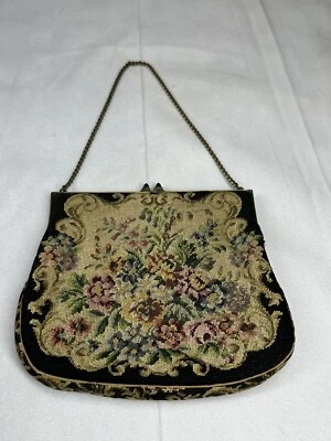 Bolso sin asas tapiz floral Petit Point vintage Austria cierre de vidrio latón Foto 1 de 4