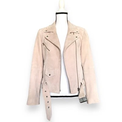 Veda Jayne Suede Leather Moto Jacket Women’s S Pink Zip Front Belted Waist Biker - Image 1 of 4