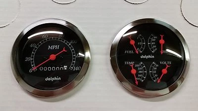 DOLPHIN 3 3/8 QUAD BLACK MECH STREET ROD GAUGE SET  HOT ROD, UNIVERSAL - Image 1 of 4