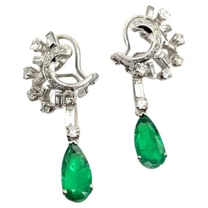 Pear Syn Emerald Dangle Earrings 925 Sterling Silver Handcrafted High Jewelry - Picture 1 of 4