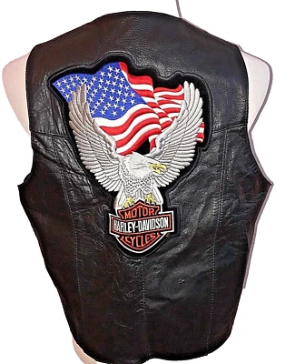 Vintage UNIK Men's Harley-Davidson Motor Cycles Black Leather Vest Size 44 Eagle - Image 1 of 4