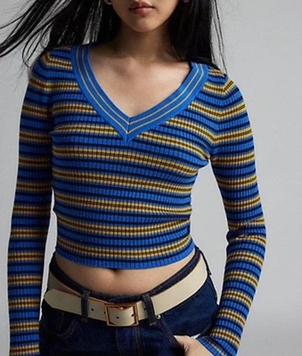 Suéter de malha Urban Outfitters BDG Addison gola V com nervuras azul/amarelo tamanho M - Imagem 1 de 4