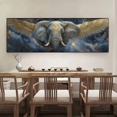 Panoramic Black & Golden Winged Elephant Canvas Print Wall Art Home Decor - Image 1 of 4
