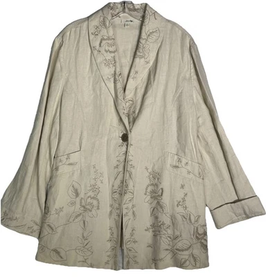 J JILL 100% Linen Floral Embroidered Blazer Jacket Womens XL Beige Tan - Image 1 of 4