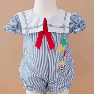 Vintage Nautical Striped Sailor Romper 0-6M Red White Blue Embroidered Balloons - Image 1 of 4