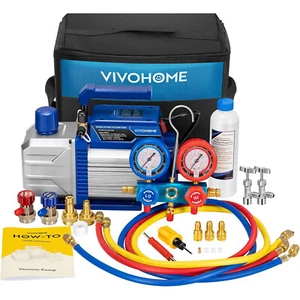 4.5CFM 1/3HP Air Vacuum Pump AC Manifold Gauge Set R32 R1234yf R134a R22 R410a - Picture 1 of 7