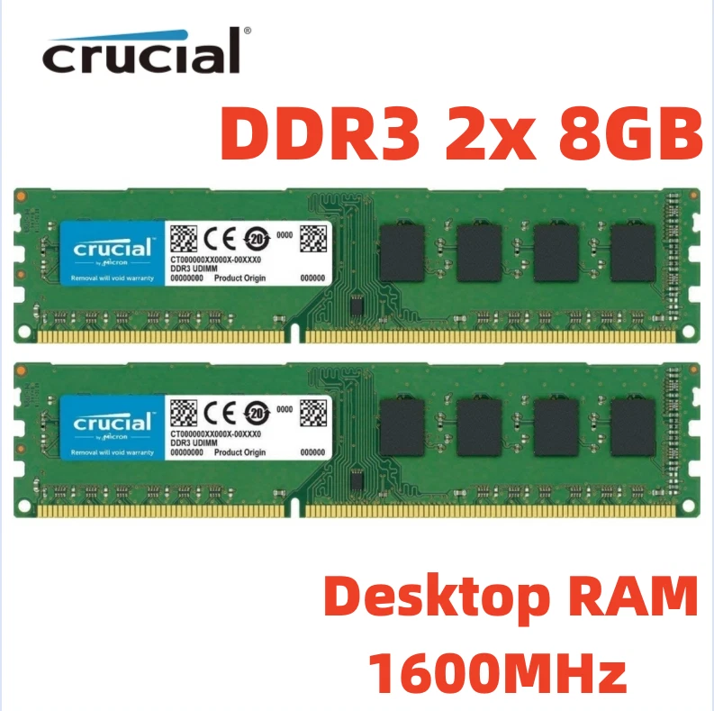 CRUCIAL DDR3 1600 MHz 2x 8 GB 16 GB PC3-12800 memoria desktop RAM 240 pin DIMM 16G 8G - Immagine 1 di 4