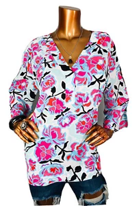 Chaus 2X Plus Top Floral Damask Low V Cut Cold Cut Out 3/4 Sleeves Blouse Open - Picture 1 of 9