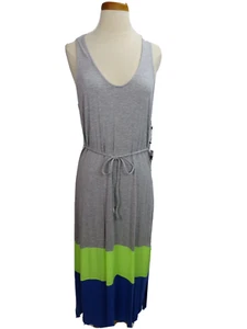 Jack B B Dakota Dress Med Maxi Gray Green Blue Racer Back Side Slits Stripes - Picture 1 of 4