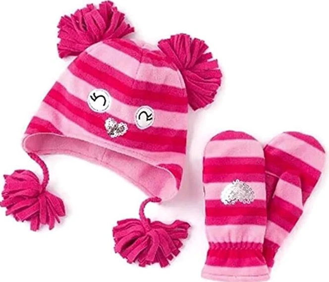 Chapéu e luvas de lã rosa listrado para meninas Jumping Beans estilo bicho caçador de coruja - Imagem 1 de 1